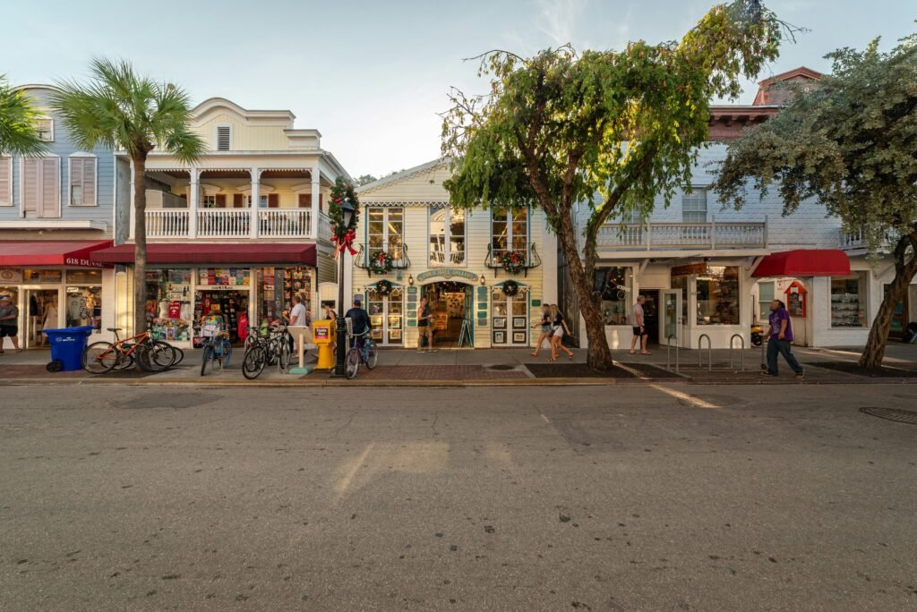 Charming shopfronts and bicycles on Duval Street, Key West, Florida, USA.